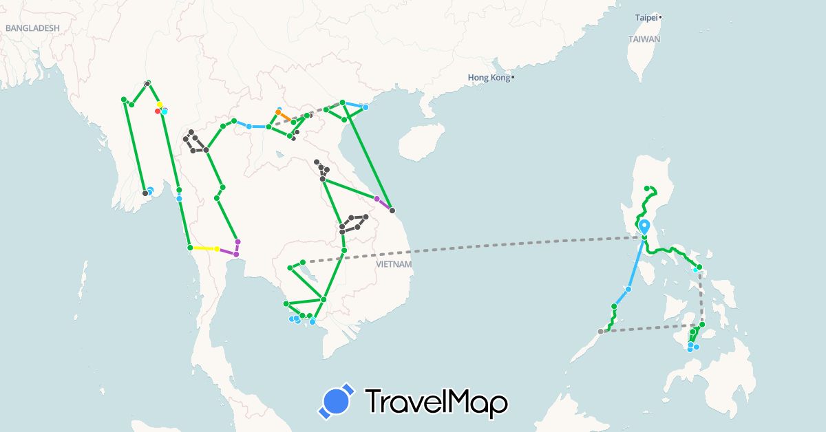 TravelMap itinerary: driving, bus, plane, train, hiking, boat, hitchhiking, motorbike, tuktuk, pick-up  in Cambodia, Laos, Myanmar (Burma), Philippines, Thailand, Vietnam (Asia)